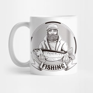 Fishing. Fisherman with fish. Mug